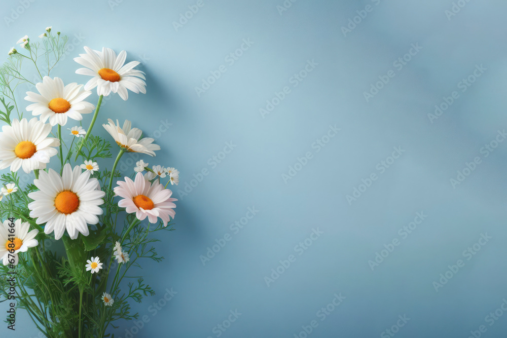 Beautiful daisies on a blue background with copy space. ai generative Beautiful daisies on a blue background with copy space. ai generative