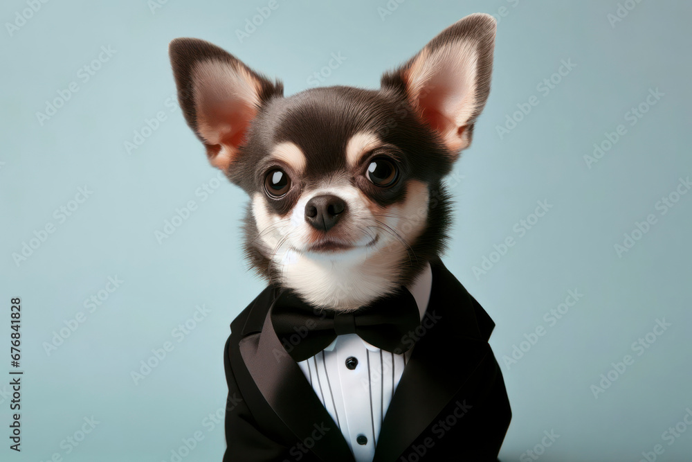 Chihuahua wearing tuxedo color background. ai generative