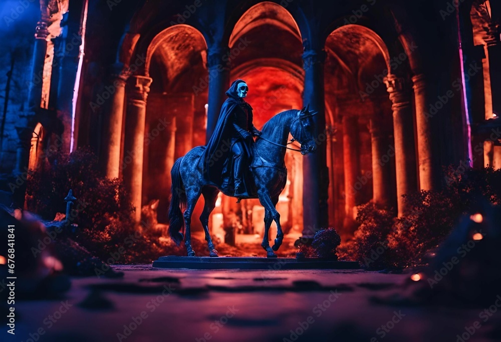 the actor is riding his horse through a castle at night