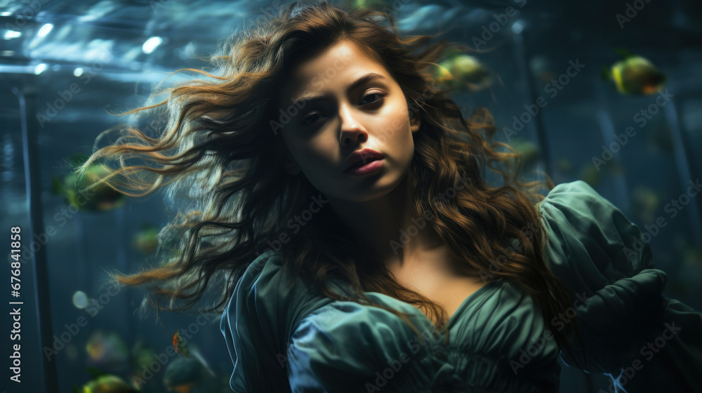 pretty woman in a dreaming scene under the water created with Generative AI technology pretty woman in a dreaming scene under the water created with Generative AI technology