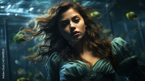 pretty woman in a dreaming scene under the water created with Generative AI technology