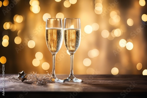 two glasses of champagne on a background with a golden bokeh.new year and Christmas.gifts