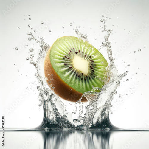Falling kiwi fruit meets water in a splash on white background. ai generative