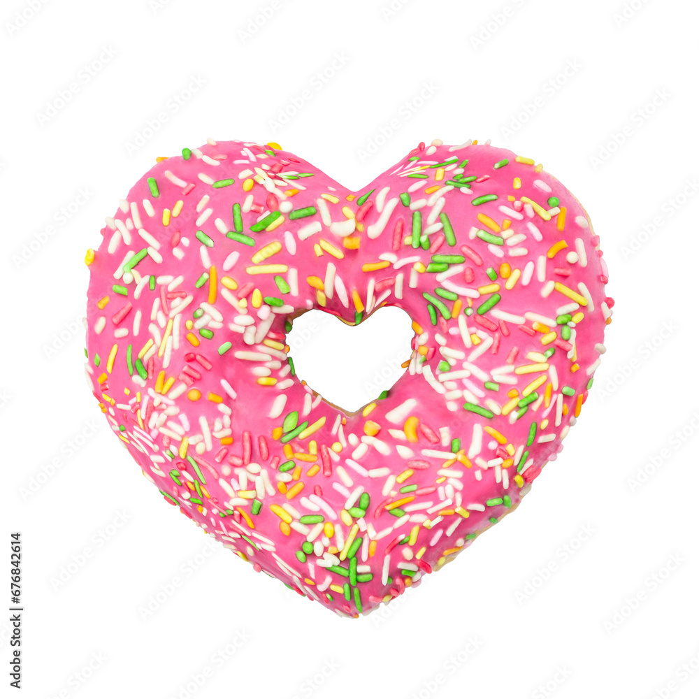 Pink donut with colorful sprinkles in the shape of heart isolated on white background. Top view.