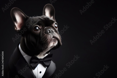 French Bulldog wearing tuxedo on black background. ai generative © Igor