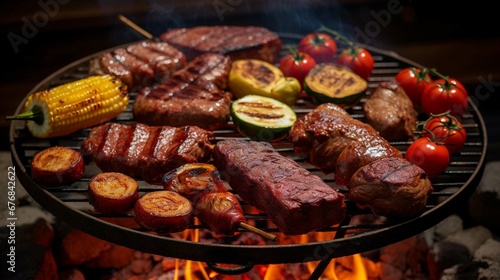  a grill with a variety of meats on it. generative ai