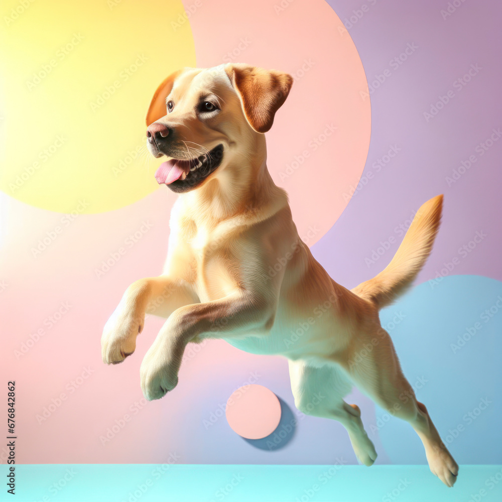 Labrador Retriever Dog Jumping on color Background. ai generative