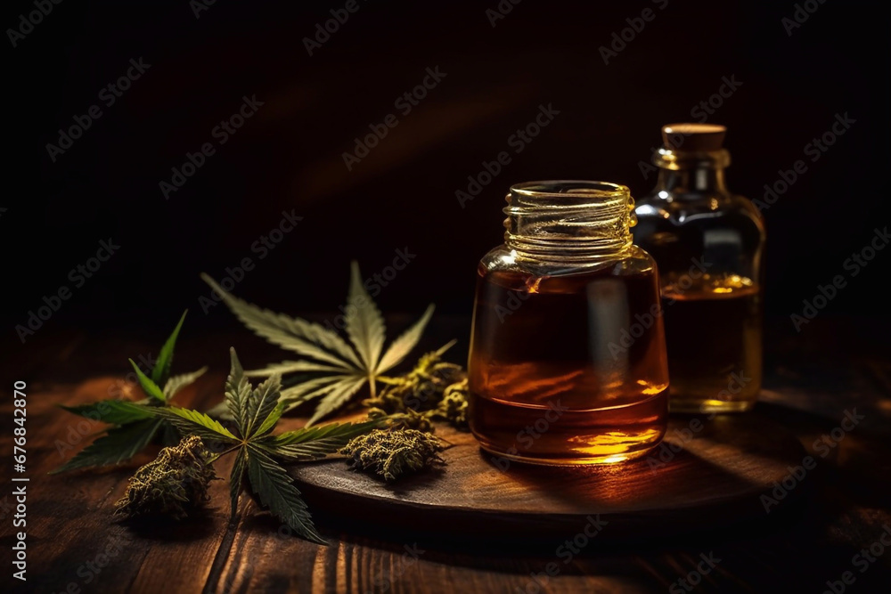 Cannabis oil and cannabis leaves on a dark wooden surface. Generative AI. Cannabis oil and cannabis leaves on a dark wooden surface. Generative AI.