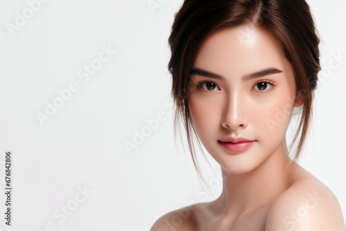 Headshot young woman with skincare isolated on white background. ai generative