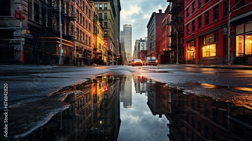 Street in New york city with puddles as reflection effect. generative ai