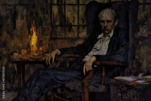Creepy man in a dark room with a burning fireplace
