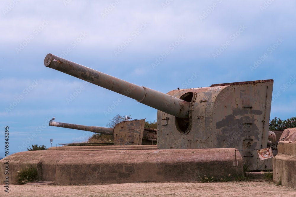 Two old artillery cannons in the Montjuic fortress