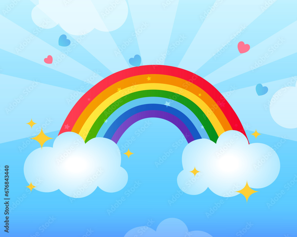 Cute cartoon rainbow with clouds and sparkles isolated on a white background
Cute cartoon rainbow with clouds and sparkles isolated on a white background