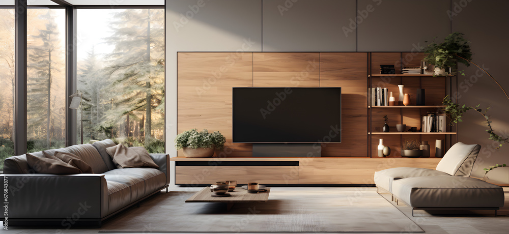 TV is mounted on the wall in the corner of a gray and wooden living room lounge with white corner sof interior TV is mounted on the wall in the corner of a gray and wooden living room lounge with white corner sof interior