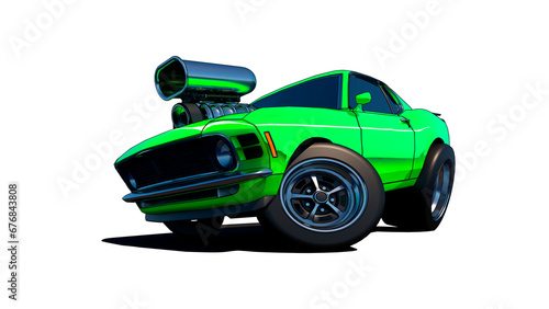 A muscular car with a big engine. Light green cartoon car on a transparent background. Classic American sports car. 3D rendering