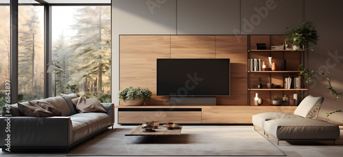 TV is mounted on the wall in the corner of a gray and wooden living room lounge with white corner sof interior