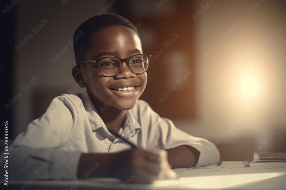 Smiling African American child school boy doing classwork, AI generated