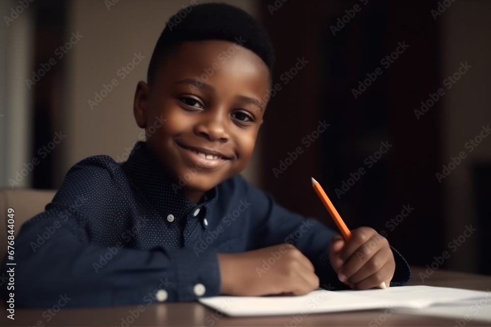 Smiling African American child school boy doing classwork, AI generated Smiling African American child school boy doing classwork, AI generated