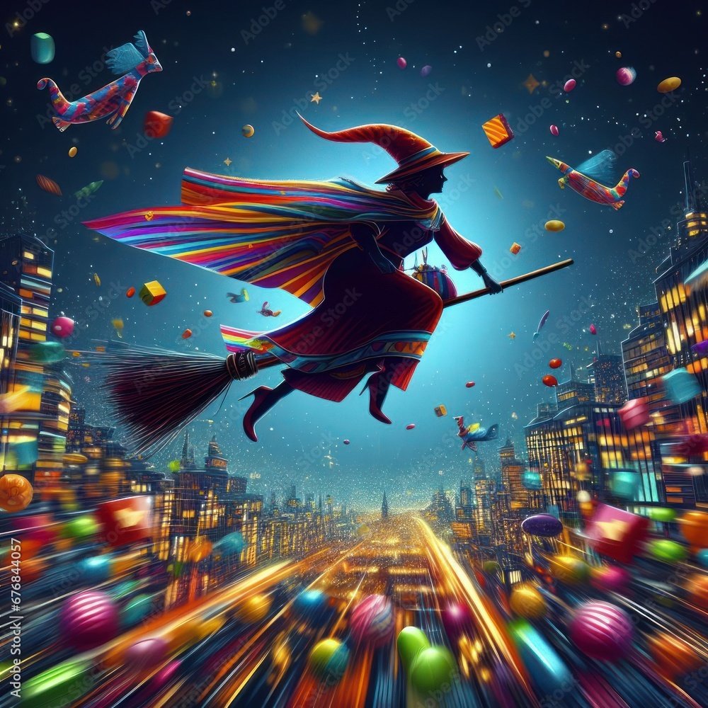 Naklejka premium Witch soaring through a neon-lit cyberpunk cityscape 