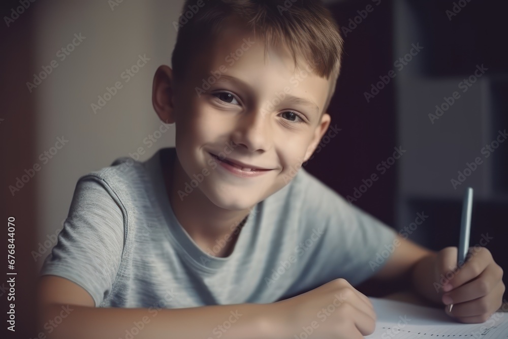 Smiling child school boy doing classwork, AI generated Smiling child school boy doing classwork, AI generated