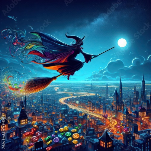Modern digital art depiction of La Befana, flying with a sack of colorful toys and candies over a cityscape at night, blending tradition with contemporary vibrancy.
