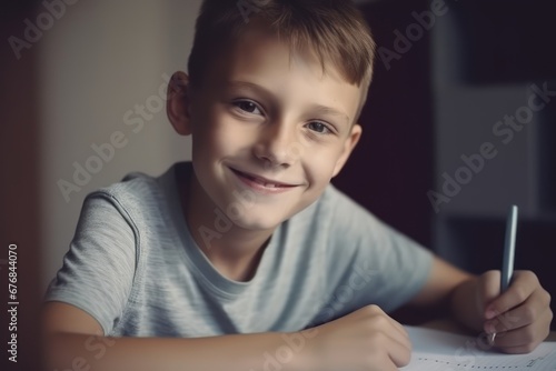 Smiling child school boy doing classwork, AI generated