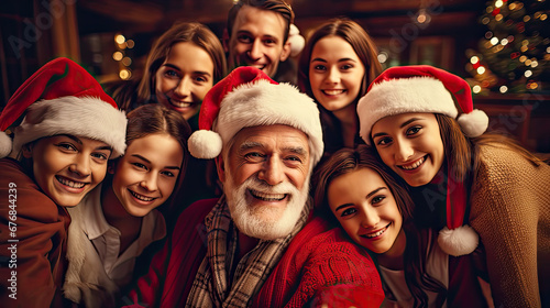 Happy family posing for selfie at Christmas time. Postproducted generative AI illustration.