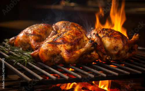 Grilled poultry on wood flame, homemade celebration meal