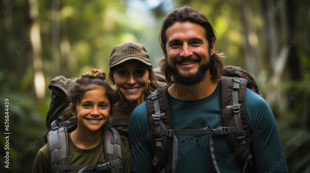 family in a forest hike created with Generative AI technology