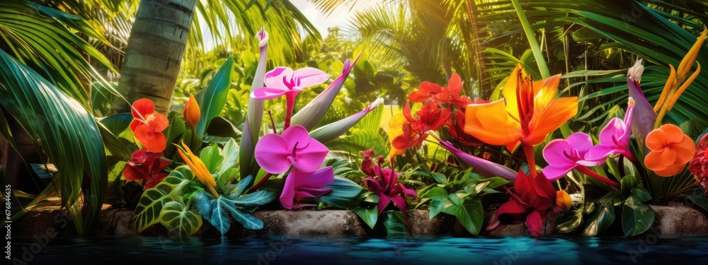 Obraz premium Colorful background image of Tropical Paradise Vibrant Palette Exotic Blossom flowers.
