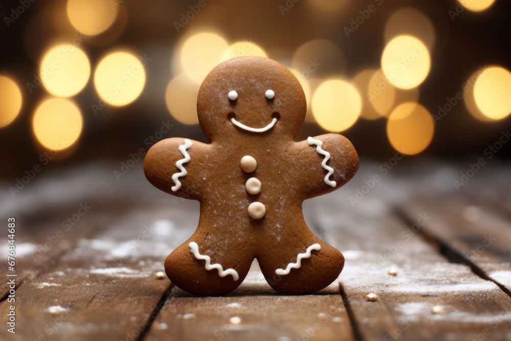 Gingerbread man cookies on wooden table with cocoa powder splash and christmas lights background Gingerbread man cookies on wooden table with cocoa powder splash and christmas lights background