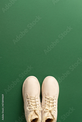 Set off on your winter adventure! Top view vertical image of snow-white winter boots on a green backdrop create the perfect holiday atmosphere