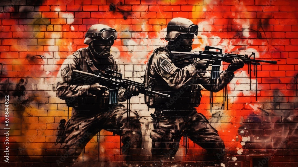 Fototapeta premium Image of a wall spray-painted with graffiti, war stories, stopping the war, soldiers and tanks.