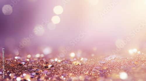 Golden glittering confetti against purple colored background