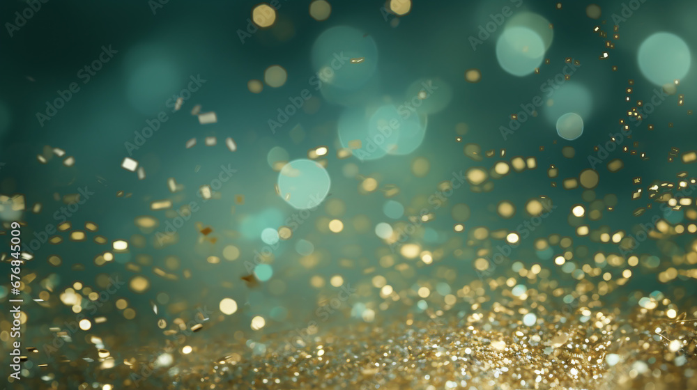 Golden glittering confetti against green colored background