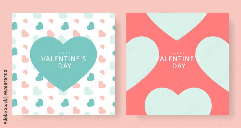 Fototapeta premium Set of two Happy Valentine's Day cards. Turquoise and pink love holiday cards, posters, wallpapers