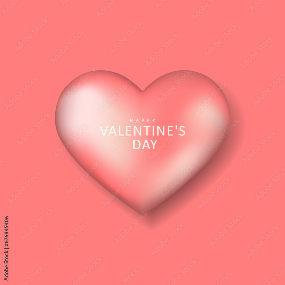 Minimalistic pink Valentine's Day card with 3D realistic heart and text. Holiday vector card, background, cover, poster.