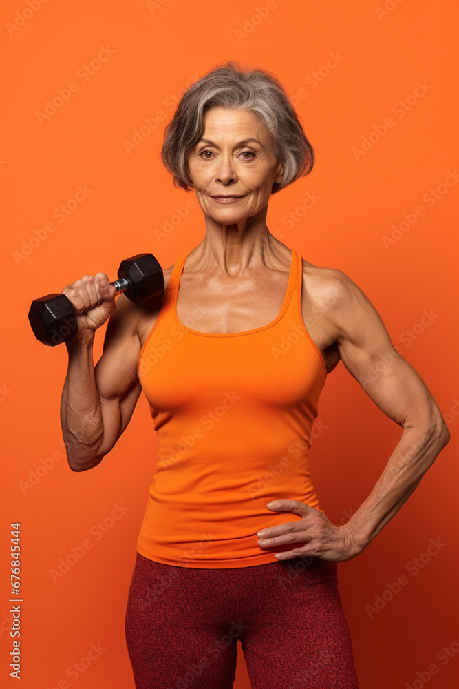 Mature Woman in Sportswear Lifts Weights Against Orange Backdrop, AI generated Mature Woman in Sportswear Lifts Weights Against Orange Backdrop, AI generated