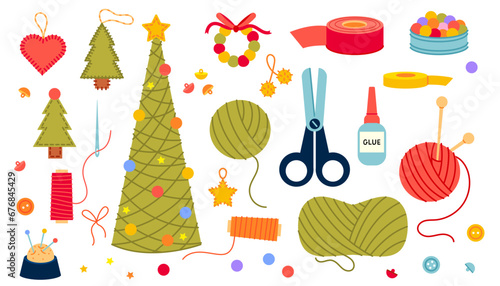 Creative christmas tree with colorful wool balls made of hands. Christmas set of elements for knitting, sewing and needlework isolated on white background.