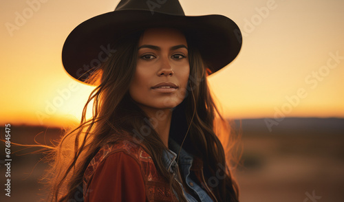 Portrait of a young Native American Indian woman wearing a cowboy hat at sunset
