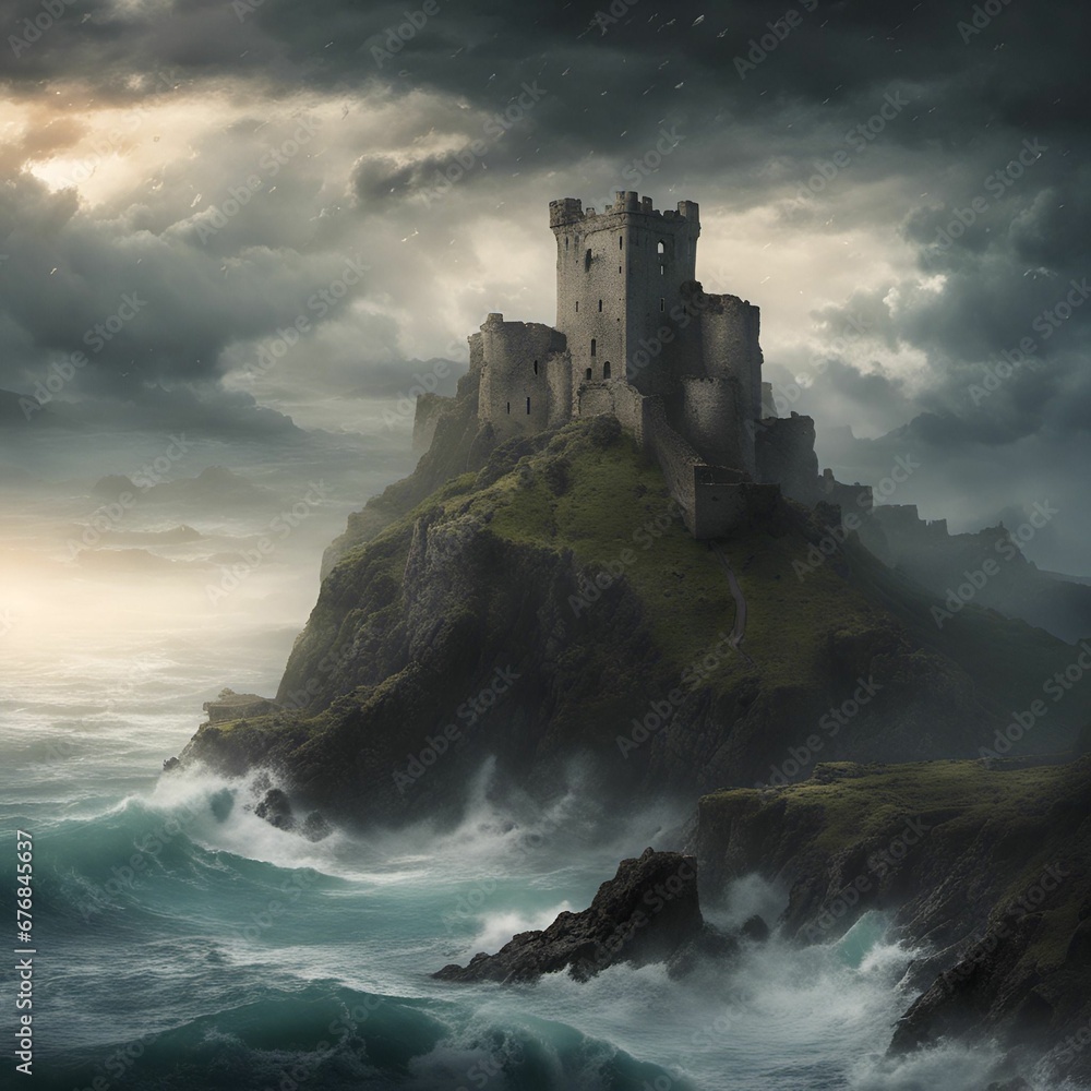 a castle on a rock with ocean waves crashing around it