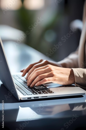 Humans hand typing on laptop keyboard. Blured morning background. Business concept image © serdjo13