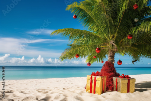 A decorated christmas tree on a tropical beach. Seasonal festive winter travel vacation © ink drop