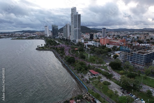 Aerial views from over the protesters on Avenida Balboa protesting against the First Quantum Copper mining contract, downtown Panama City, Panama