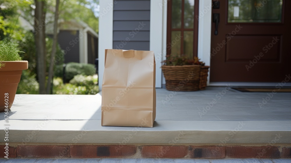 Food goods grocery bag standing near front door doorstep delivery wallpaper background