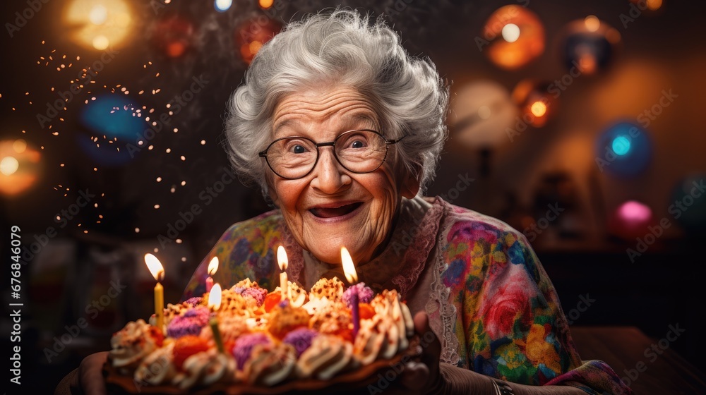 Happy grandma old woman celebrating birthday party with cake wallpaper background - obrazy, fototapety, plakaty 