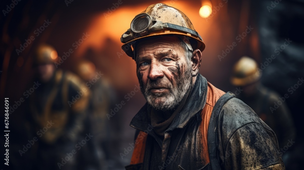 Fototapeta premium Hard working miners working underground mineral factory wallpaper background