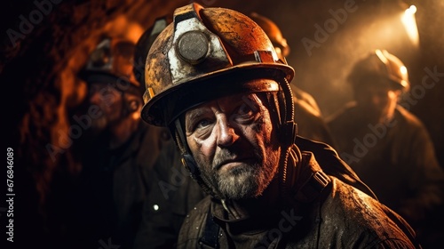 Hard working miners working underground mineral factory wallpaper background © Irina