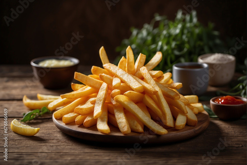 The photo of delicious French fries on a wooden plate