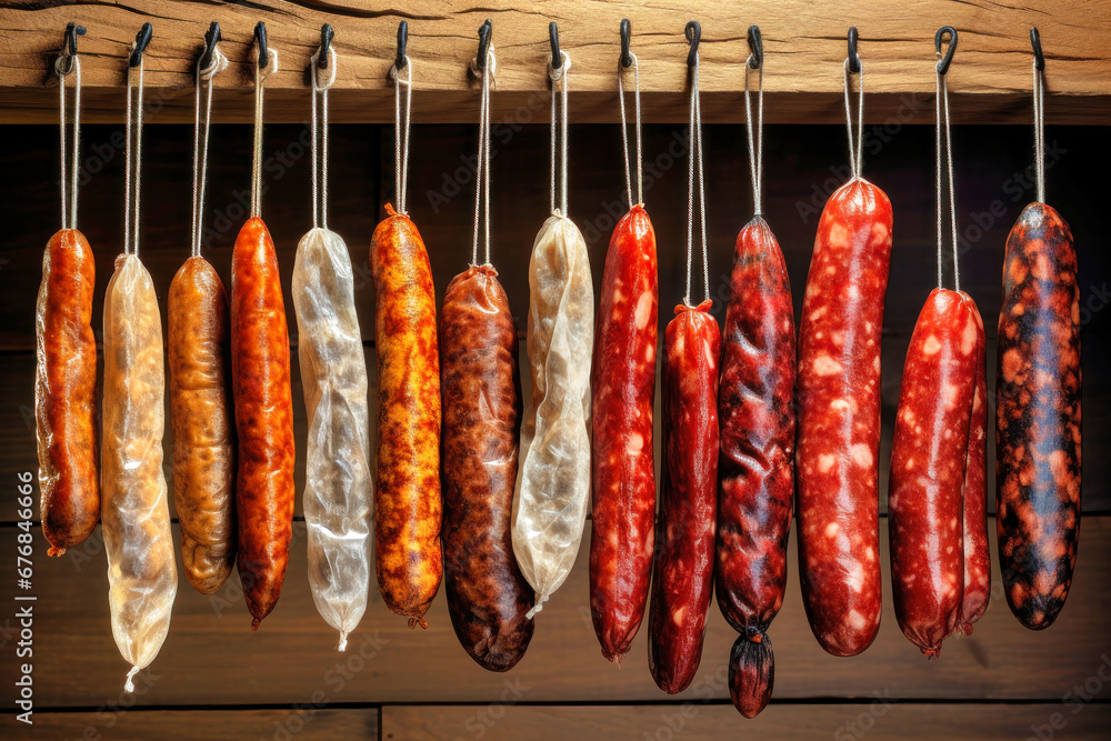 Various types of sausages hung for storage. Dried sausage of various